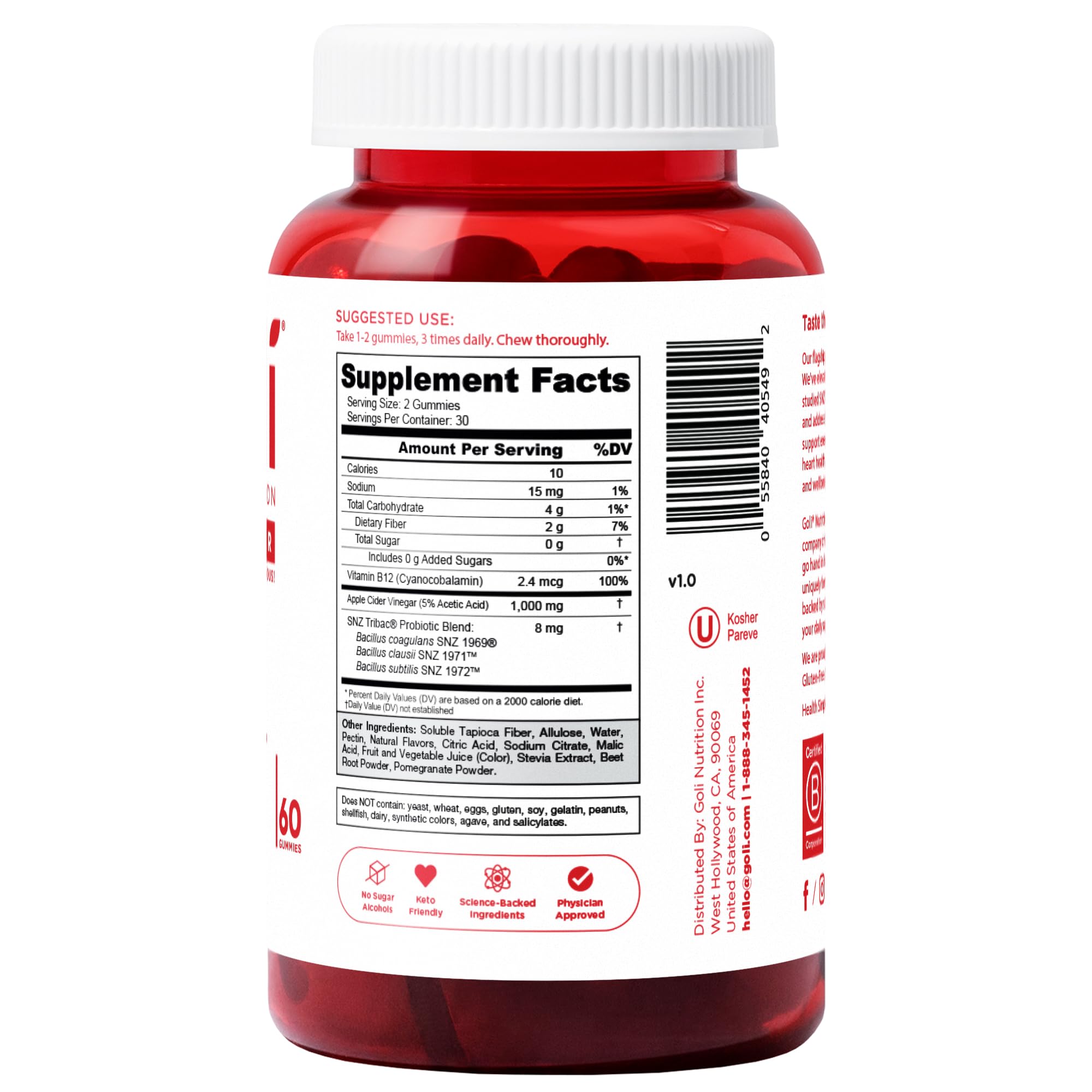 Goli Zero Sugar Trio- World's First 3-in-1 Pre, Post, Probiotic, Apple Cider Vinegar with Vitamin B12 and Probiotics, Ashwagandha & L-Theanine, Vitamin D gummies. Vegan, Gelatin & Gluten-Free, Non-GMO