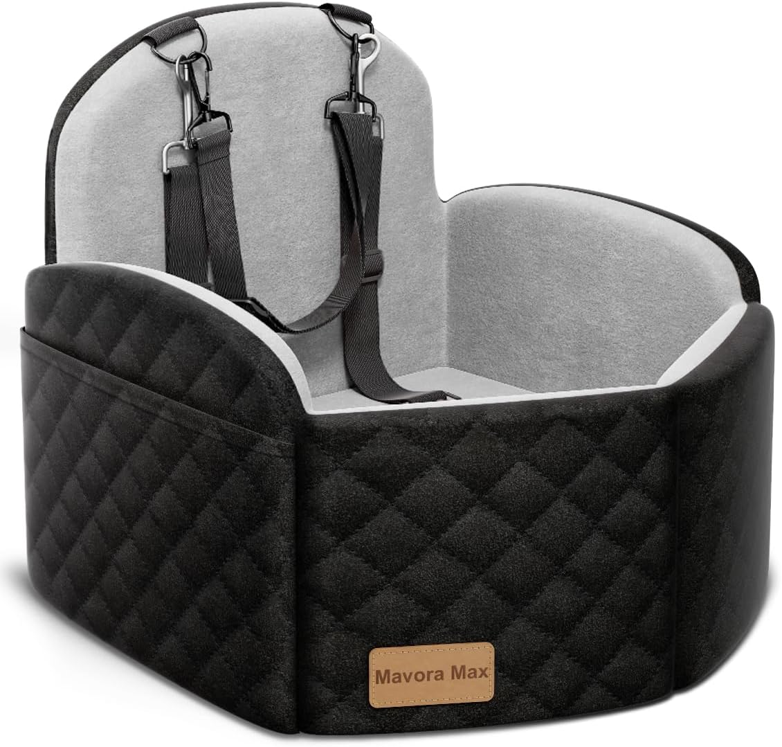 (Up to 35lbs Small/Medium Dog Car Seat Booster Dog Seat for Car Portable with Adjustable Seatbelts Pet Travel Car Bed Seat for SUV, Truck, with Memory Foam Cushion (Black/Grey) 19.5"L x 19.5"W x 18.9"Th Black/Grey
