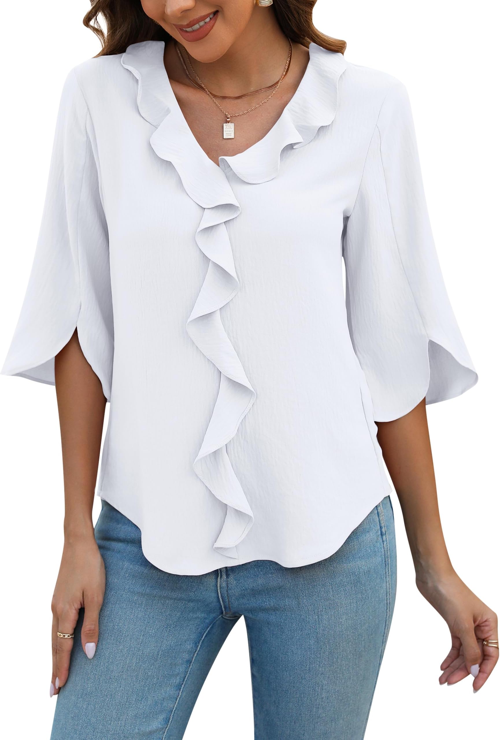 Blooming JellyWomens Dressy Casual Blouses 3/4 Sleeve V Neck Ruffle Tops Business Ladies Summer 2025 Trendy Work Shirt