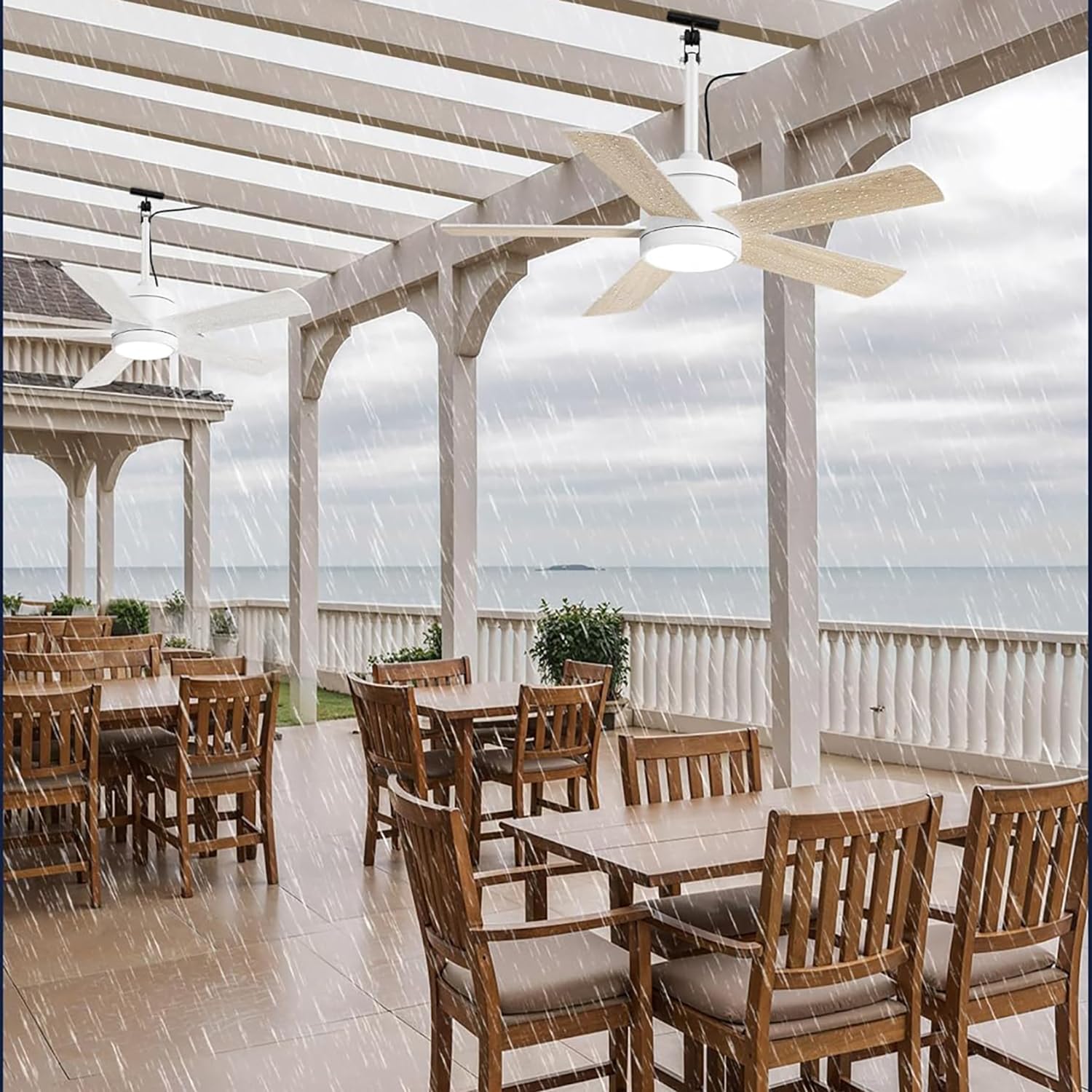 Ventilateur Plafond 106CM avec Lumiere IP65 Étanche Dimmable Télécommande Silencieux pour Intérieur Extérieur