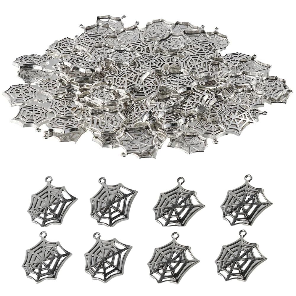 hobbyhub 100 Pcs 27 x 23mm Silver Alloy Spider Web Pendants,for Bracelet Necklace Jewelry Making DIY Crafts