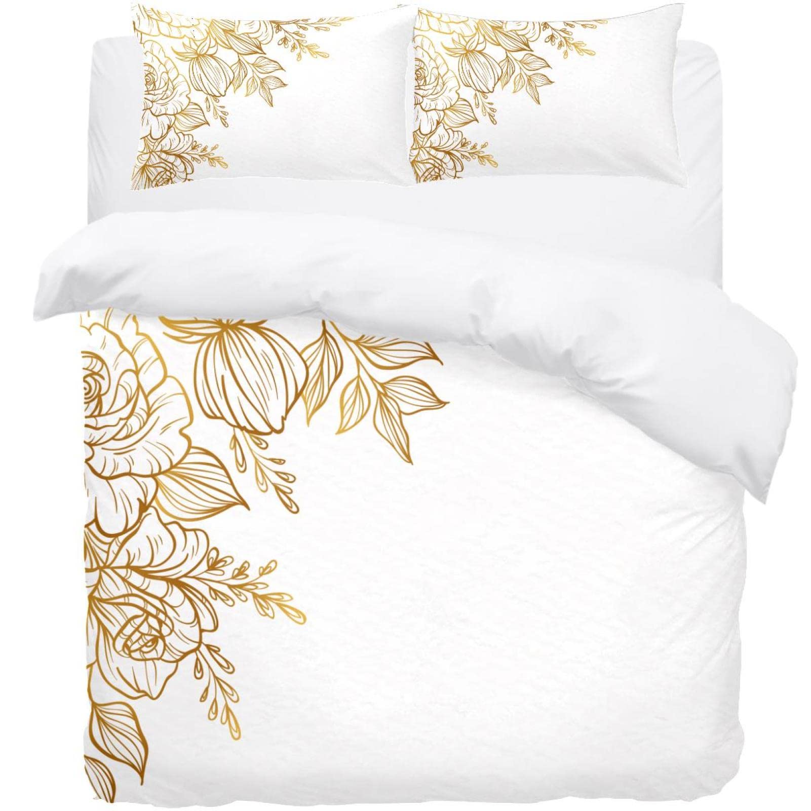 Housse de couette motif floral doré 01 parure de lit 3 pièces avec 2 taies d'oreiller lit double