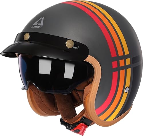 TRIANGLE Casco de motocicleta 34, casco retro de cara abierta para adultos con visera, casco de ciclomotor de media cara para hombres y mujeres,