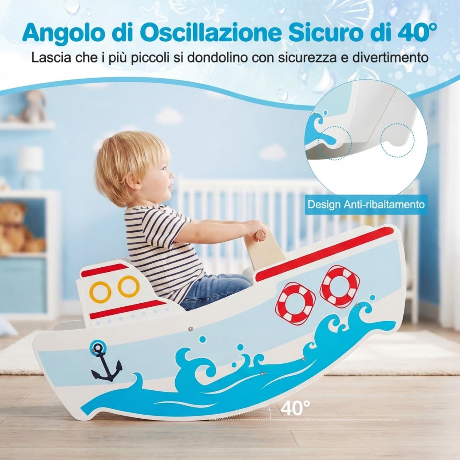 COSTWAY Cavallo a Dondolo per Bambini, Nave a Dondolo in Legno a Tema Nautico, Manici in Legno, Carico 50 kg, per Bambini 1-5 Anni