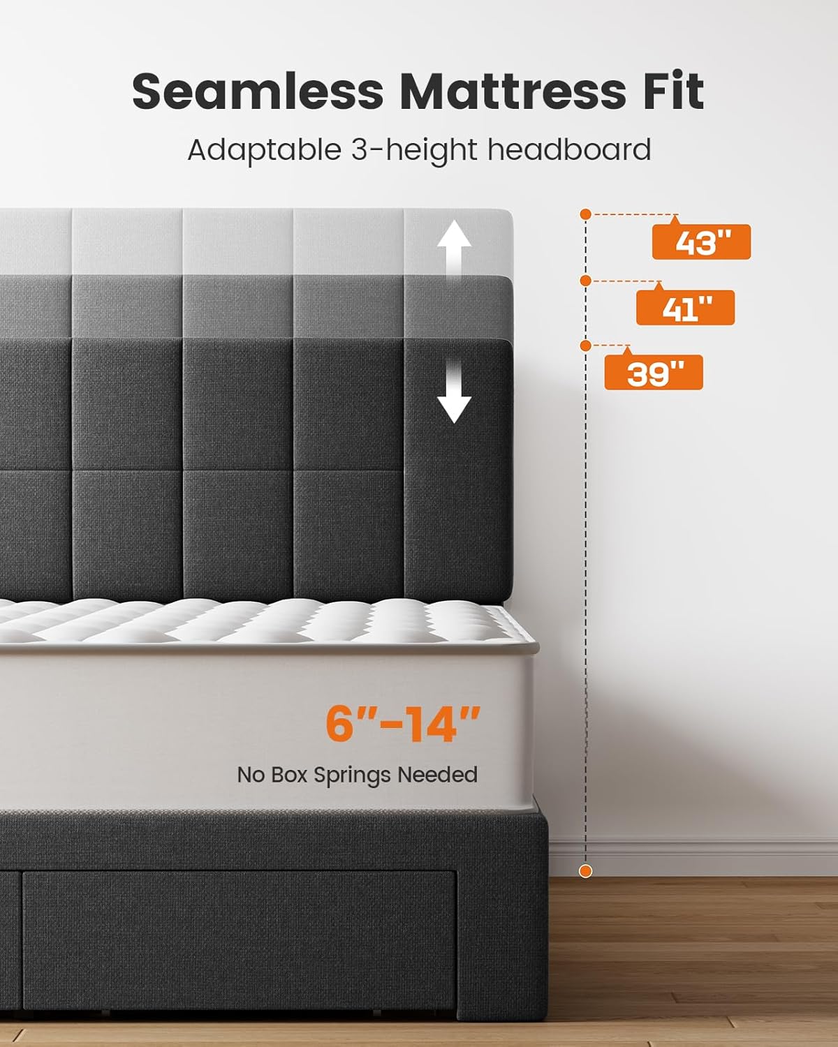 Pipishell Queen Bed Frame with 2 Storage Drawers, 12 Sturdy Legs, Solid Wooden Bed Base with Upholstered Headboard for 6″ to 12″ Mattresses, 1300 lbs High Weight Capacity, Easy Assembly, Dark Gray