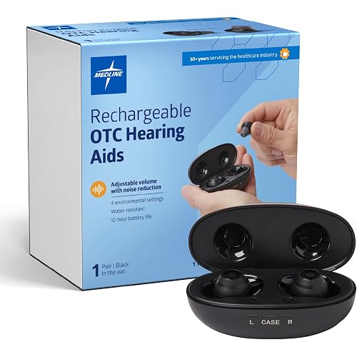 Medline Rechargeable OTC Hearing Aids, Black, in-The-Ear, 4 Environmental Settings, Water Resistant, Adjustable Volume, Mild to Moderate Hearing Loss, Noise Reduction, Earbud Hearing Aids