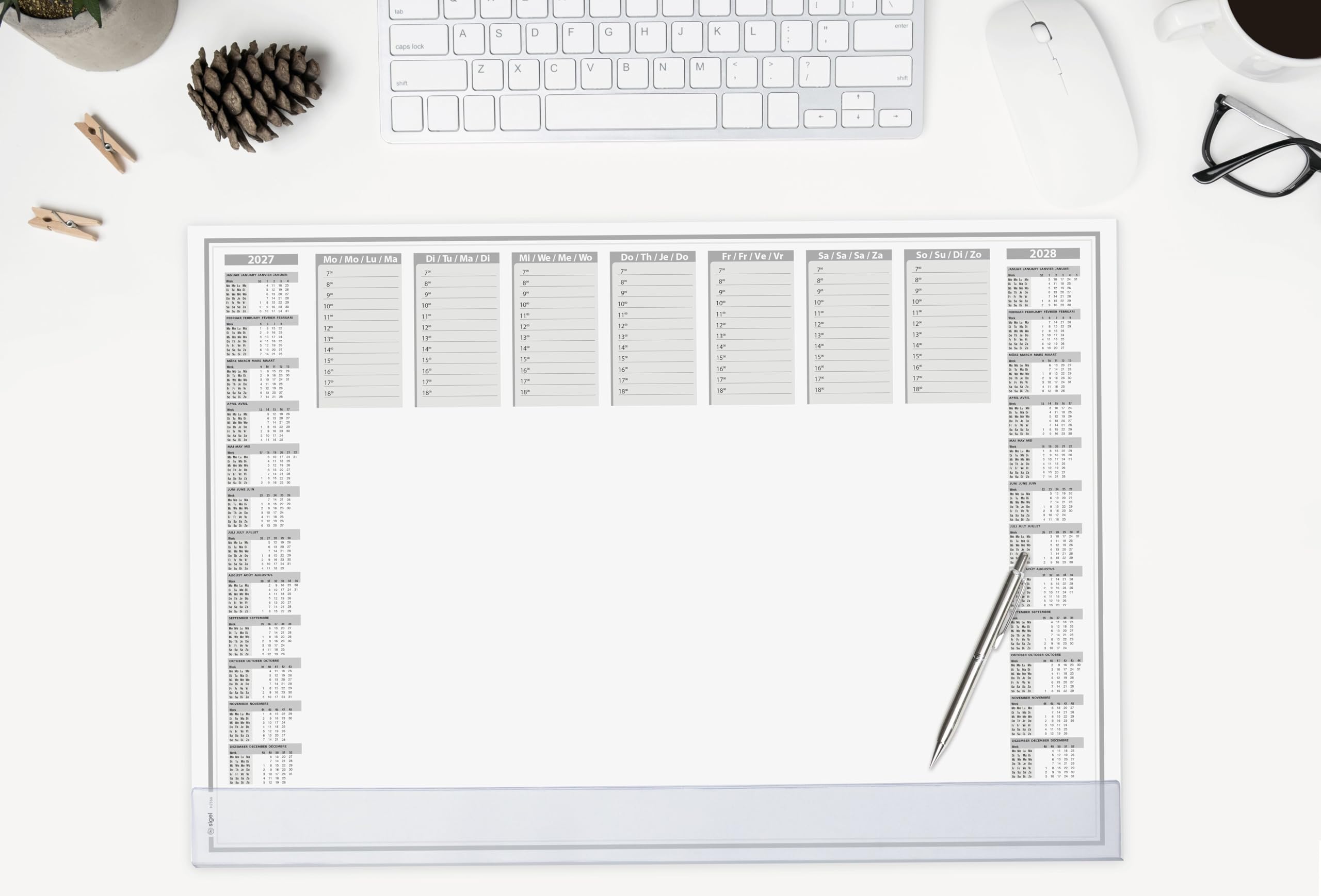 SIGEL Papier-Schreibtischunterlage DIN A2 Kalender 2027-2028 5er Set | H7366/5, Transparente Schutzleiste, 40 Blatt je Block mit Kantenschutz