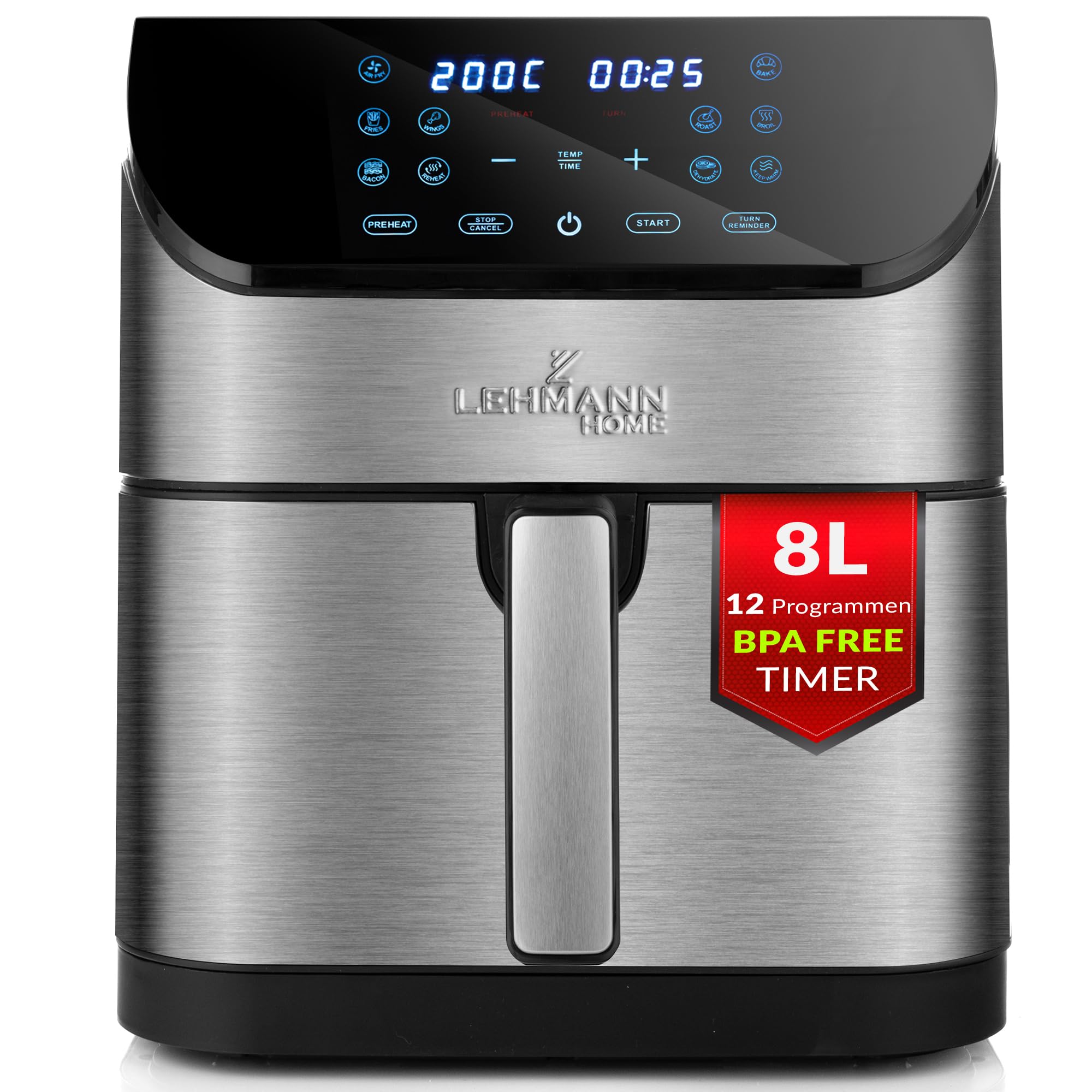 Lehmann Friteuse à air chaud XXL 1800 W, friteuse sans huile 8L avec jusqu'à 10 programmes, Air Fryer avec écran tactile LED numérique, réglage de la température 76-​200°C