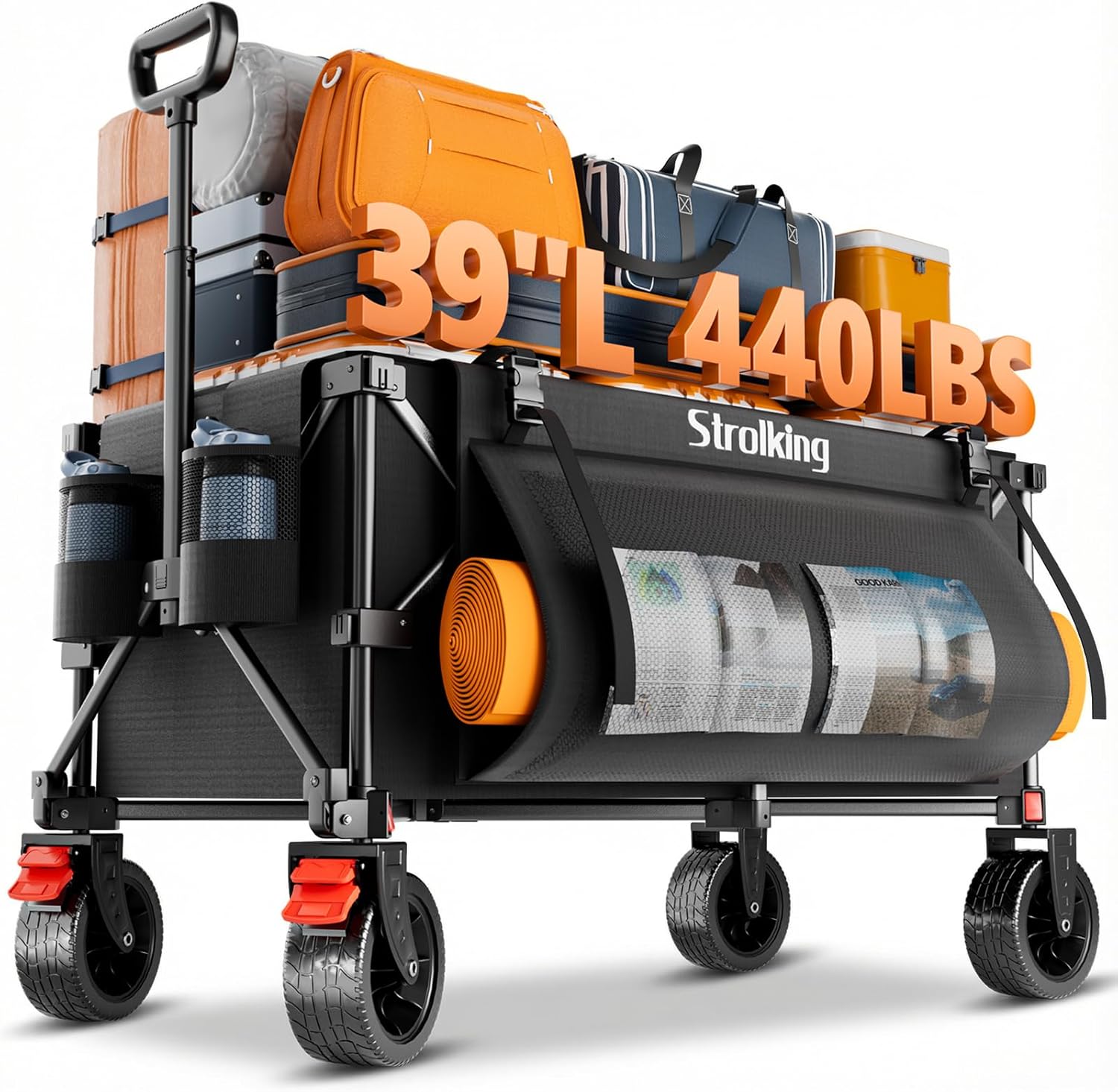 39" L Collapsible Wagon Cart, 220L Large Capacity and 440Lbs Heavy Duty, Lightweight 15lbs Folding Garden Cart with Silent All-Terrain Wheels for Beach, Camping Grass and Grocery, Black