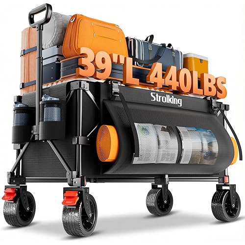 39" L Collapsible Wagon Cart, 220L Large Capacity and 440Lbs Heavy Duty, Lightweight 15lbs Folding Garden Cart with Silent All-Terrain Wheels for Beach, Camping Grass and Grocery, Black