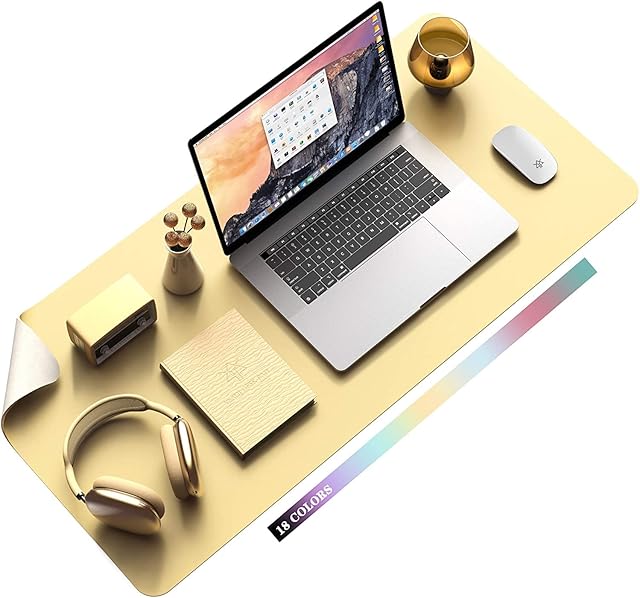 Non-Slip Desk Pad, Waterproof PVC Leather Desk Table Protector, Ultra Thin Large Mouse Pad, Easy Clean Laptop Desk Writing Mat for Office Work/Home/Decor (90 x 43 cm, Light Yellow)