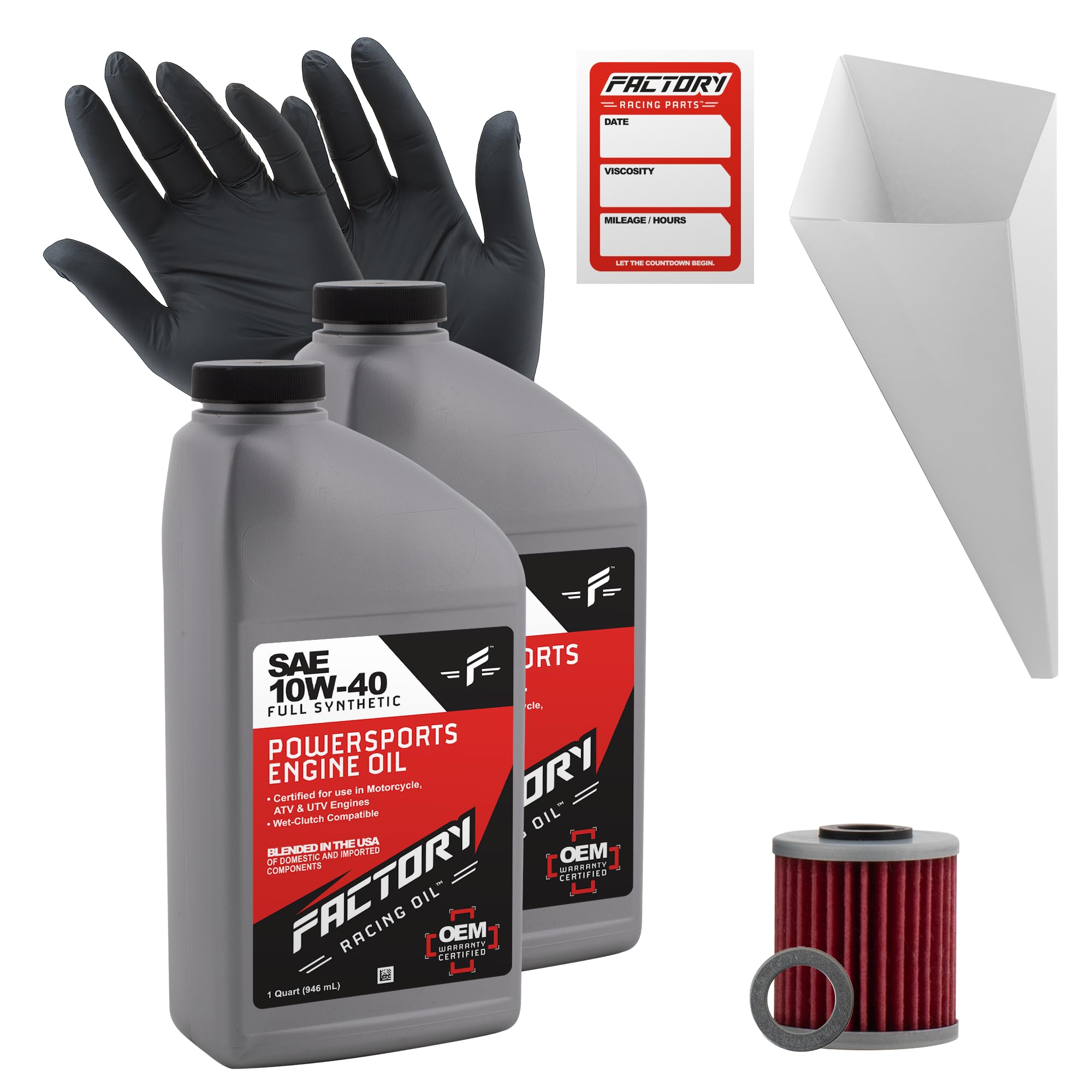 Factory Racing Parts Oil Change Kit compatible with Kawasaki KX250F KX450F KX450 KX450SR KX450X – Includes 2 Qts of 10W-40 Full Synthetic Oil, 1 Filter, 1 Crush Washer, 1 Funnel, 1 Oil Change Sticker