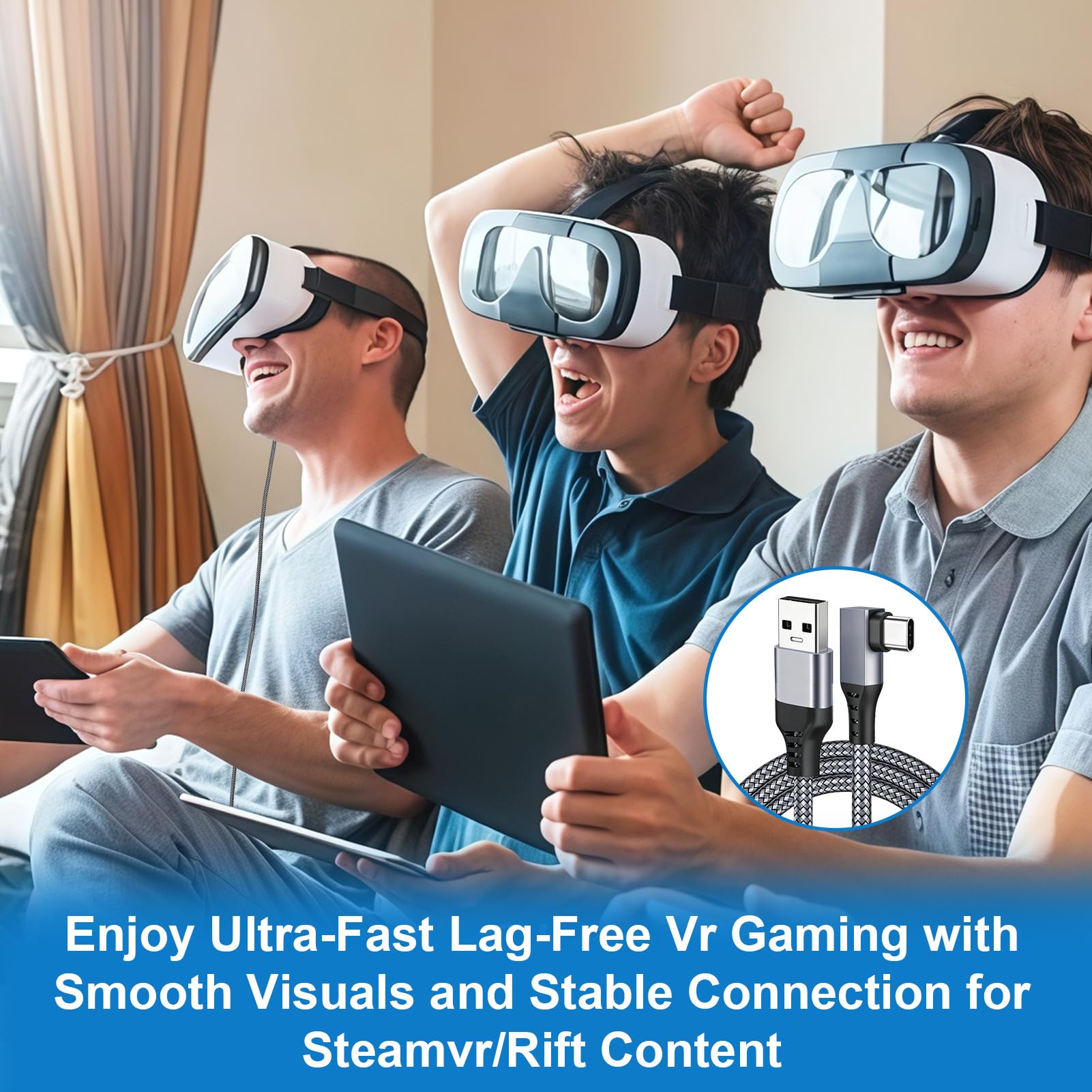 Cable Link de 3 Metros para Oculus/Meta/Quest 3S/3/2/1/Pico 4 Pro, Cable Link USB 3.1 a USB C, 5Gbps Transferencia de Datos de Alta Velocidad,Carga Rápida 60W 3A,Compatible con PC Steam VR Accesorios