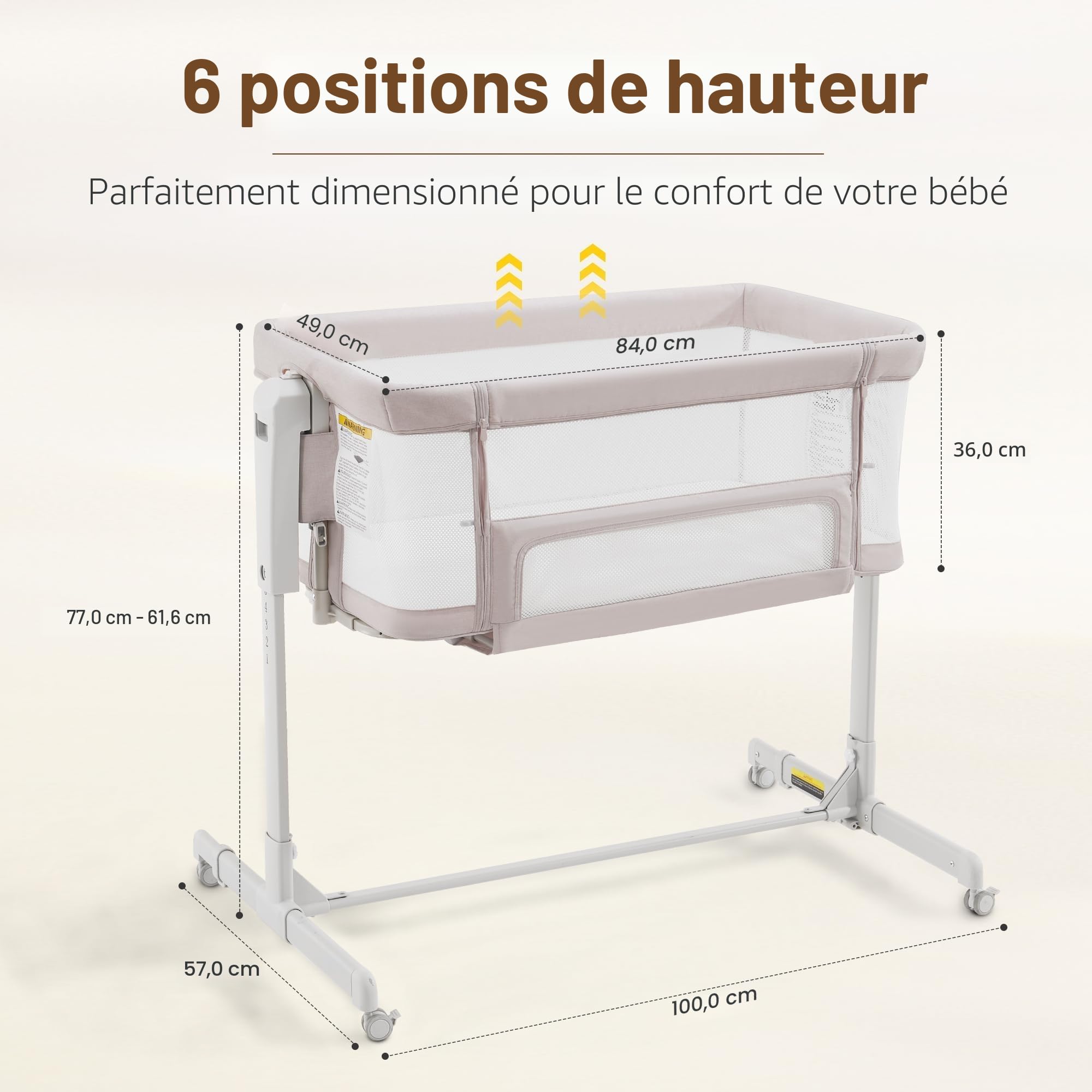 Berceau Cododo 3-en-1 à Bascule avec Roues Lit Bébé Réglable en Hauteur 6 Positions Matelas Doux Mousse Respirante
