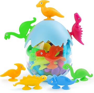 Baby Suction Cups, 16PCS Silicone Dinosaur Sucker Toys with Eggshell Storage, Sensory Bath Toys for Kids Ages 4-8, Counting Learning Color Tool, Window Toy, Easter Egg Gifts for Boys Girls Ages 3+