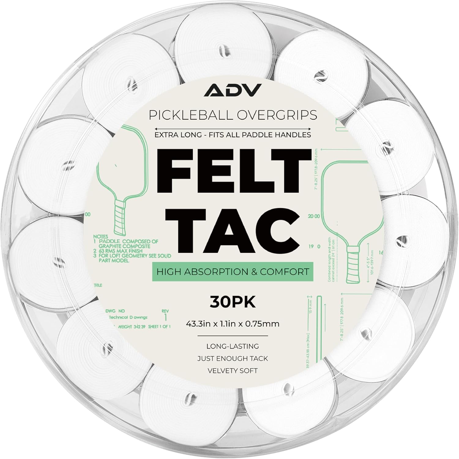 ADV Felttac Pickleball Grip Tape - 3, 6, 12, 30 Pack - Soft, Very Durable, Sweat Absorbing Pickleball Overgrip Tape - Dry & Comfortable Pickleball Paddle Grip Tape - Easy to Use & Easy to Install