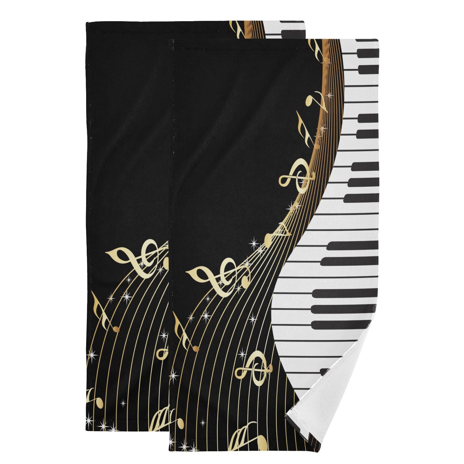 COVASA Golden Musical Notes Hand Towels for Bathroom Set of 2,Black and White Piano Instrument Music Theme Kitchen Towels,Microfiber Absorbent