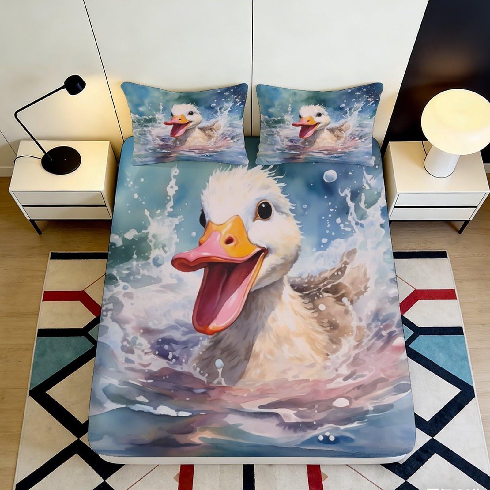 3D Printed Splashing Duck Fitted Sheet Microfiber Soft Breathable Water Scene Bed Cover for Bedroom Dorm Decor 90x200x25cm