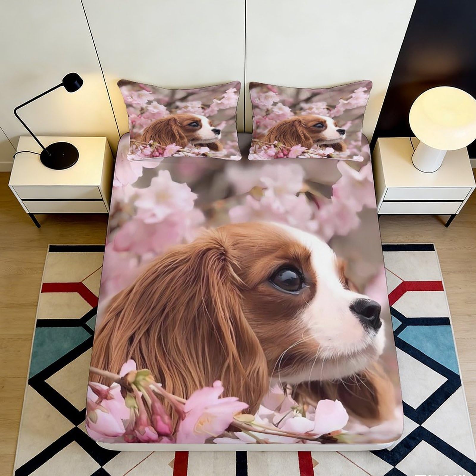 3D Printed Blossom Dog Fitted Sheet Microfiber Soft Breathable Puppy Bed Cover for Bedroom Guest Room Decor 90x200x25cm