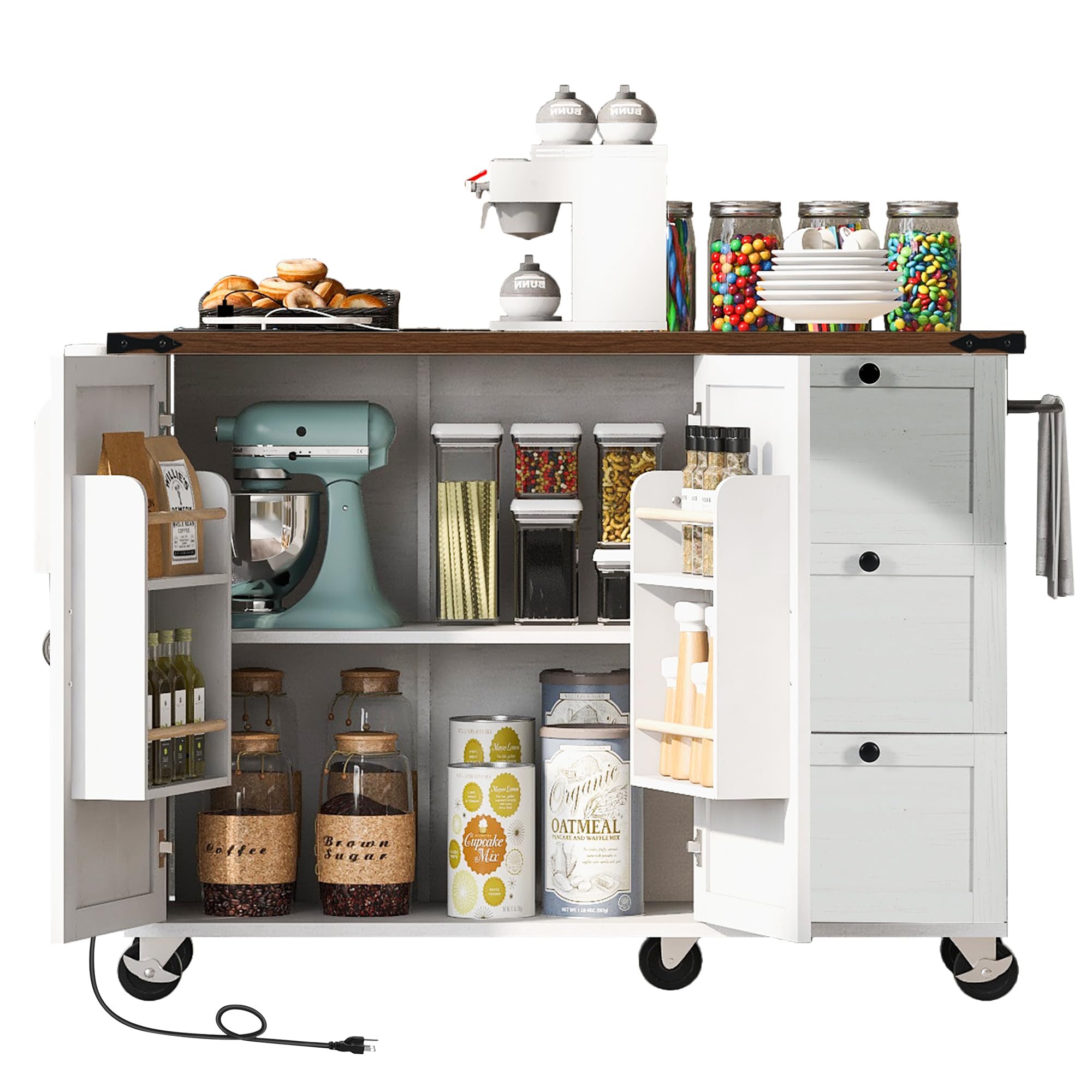 Sharejoyer Farmhouse Kitchen Island with Power Outlet, Kitchen Storage Island with Internal Storage Rack, Drop Leaf, Spice Rack, Rolling Kitchen Cart