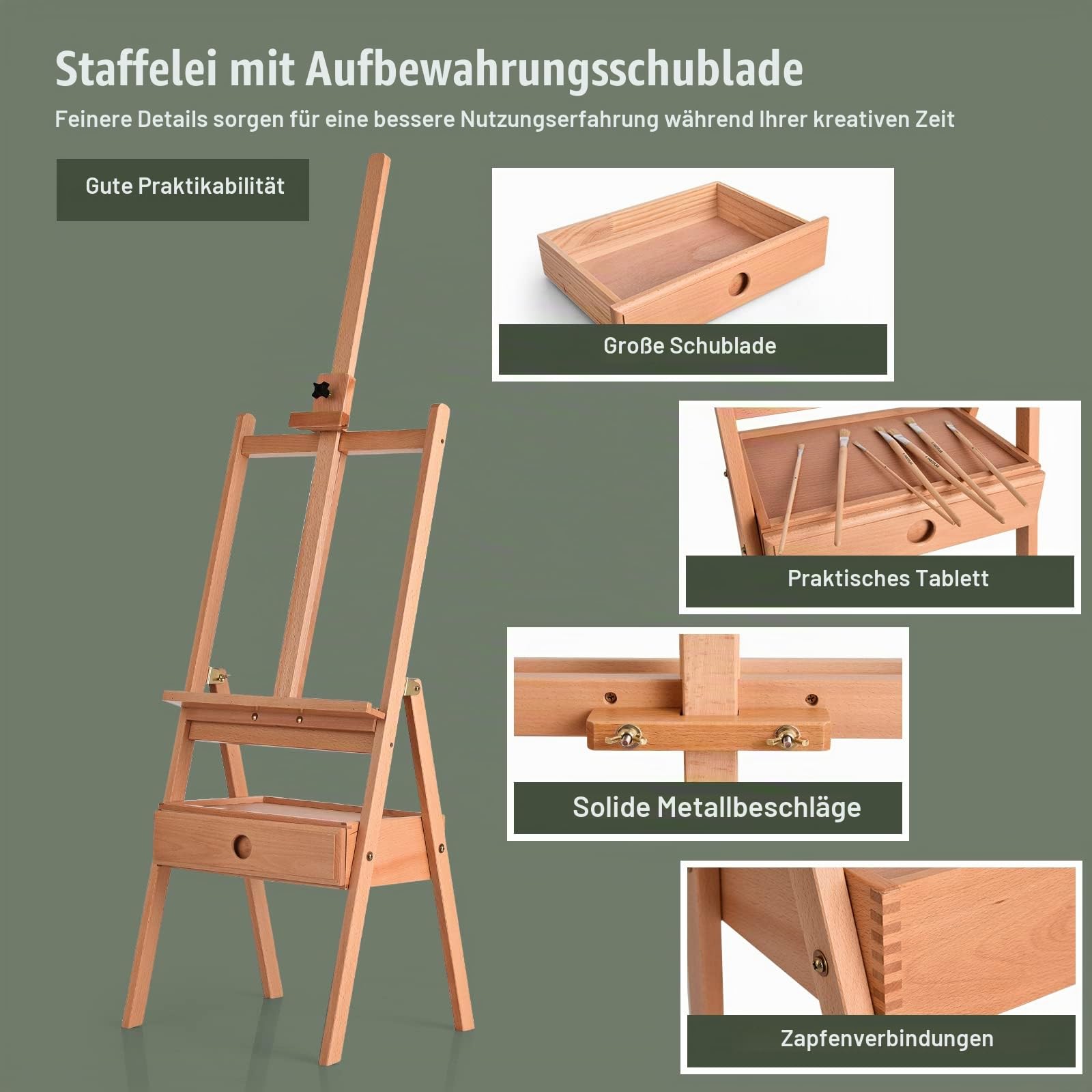LIFEZEAL Staffelei, Höhenverstellbare Künstlerstaffelei mit Schublade, Atelierstaffelei aus Buchenholz, Freistehende Bodenstaffelei für Klassenzimmer, Zuhause & Feld, Innen & Draußen (6)