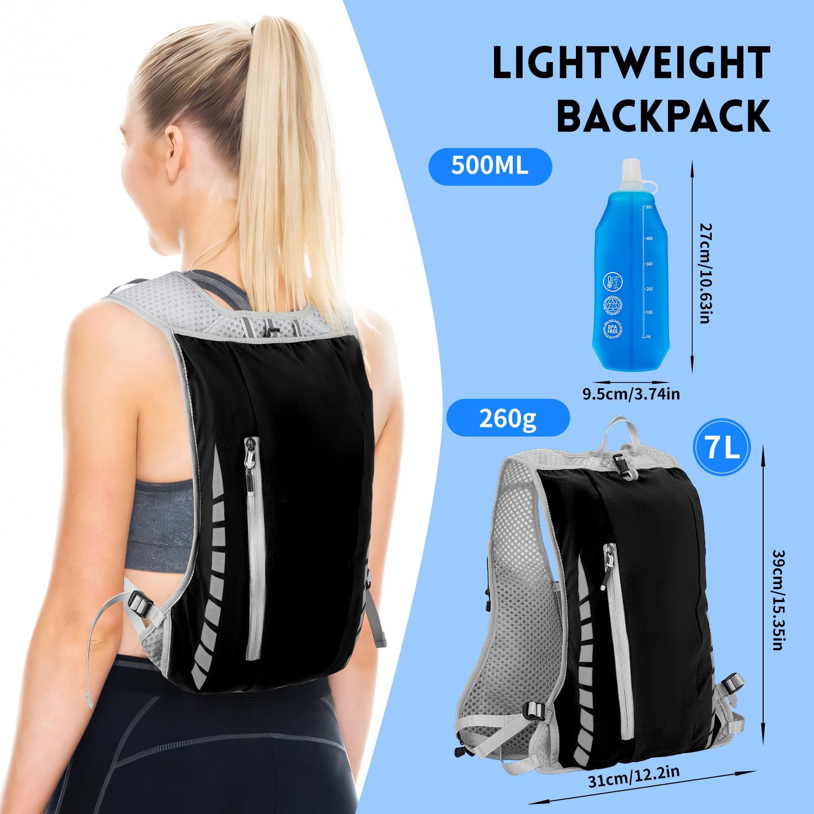 Expansea Zaino da Corsa 7L, Super Leggero Zaino Uomo & Donna, Tasche Multiple, Running Vest With Borraccia Morbida 500ml per Ciclismo, Maratona,Corsa, Arrampicata e Altri Sport All'Aria Aperta