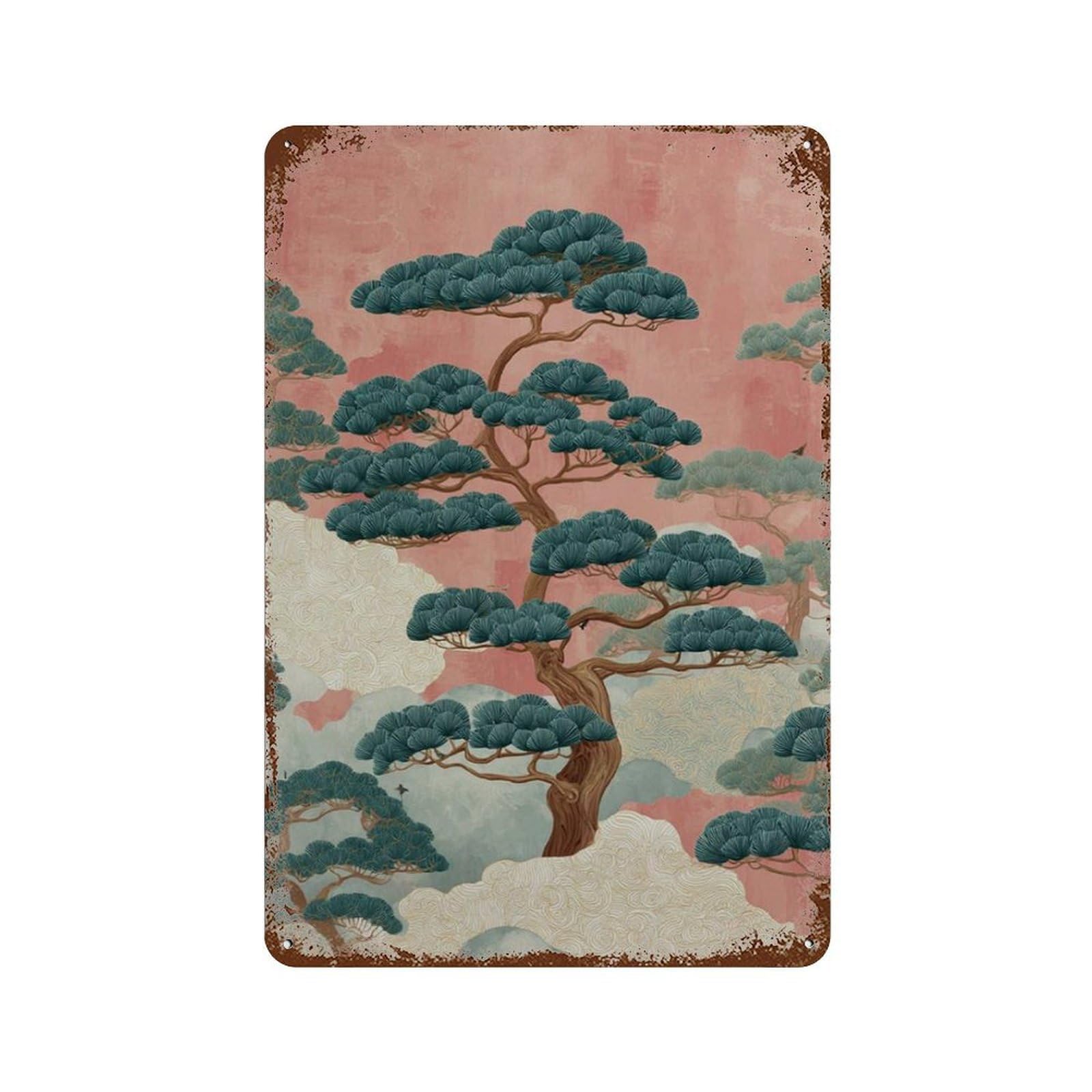 xiaoxiaoshen Japanese Pine Tree Misty Landscape Asian Botanical Wall Decor Art Metal Tin Poster Modern Home Decor Art Home Bar Shop Decorations Vintage Sign 30x20cm