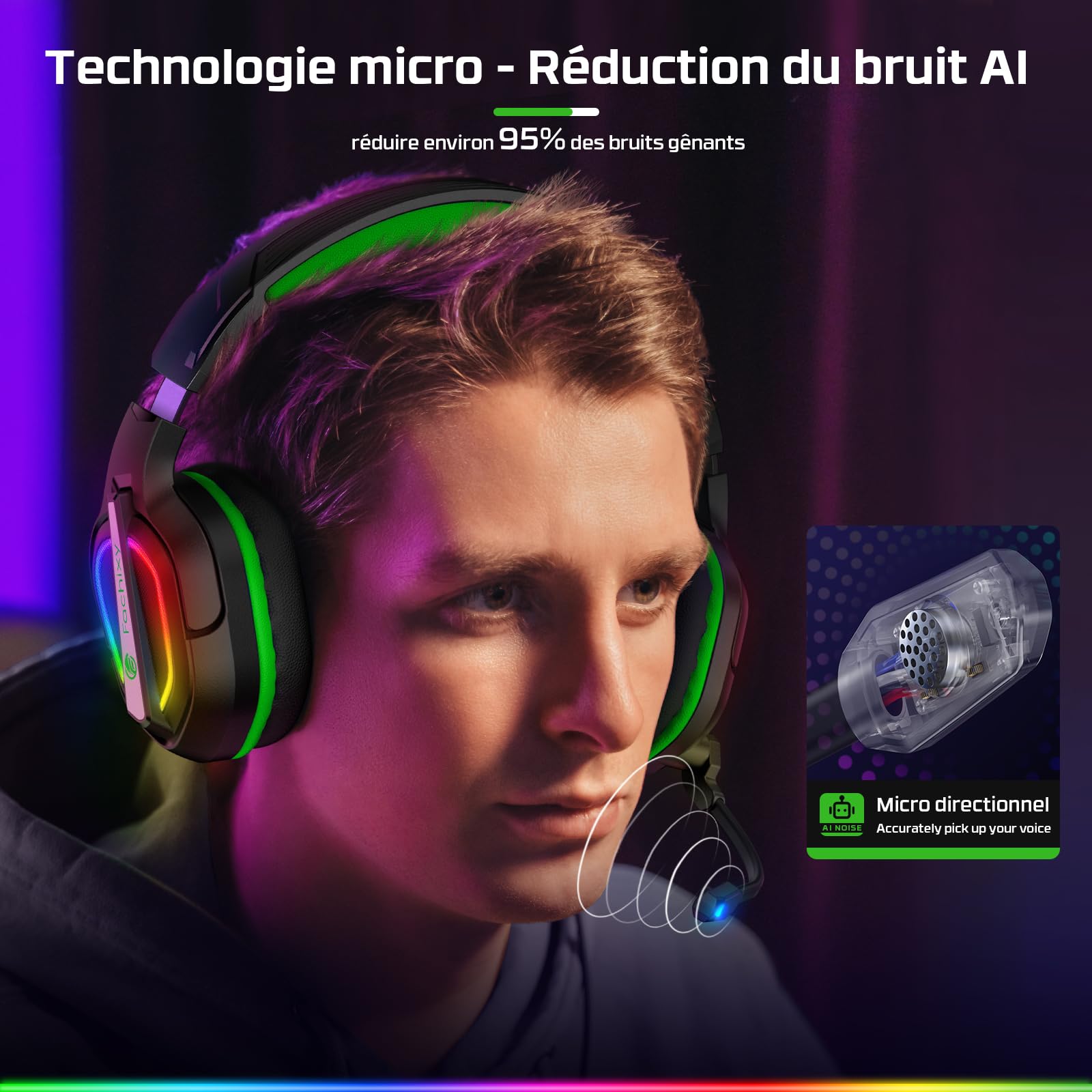 Fachixy 「2024 New」 FC200 Casque Gaming pour PS4/PS5/PC/Xbox/Nintendo Switch, Casque PS5 avec câble et lumière RGB, Casque stéréo Surround avec Micro, Noise Cancelling Gamer Headphones - Vert