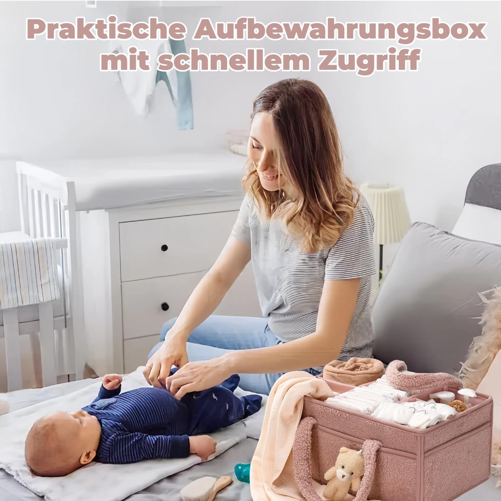 Sinlay Panier Rangement BéBé, sac a couches bebe, Portable Panier De Rangement Bebe, Compartiment Amovible, Parfait Pour Les Essentiels Du Nouveau-Né, Le Changement Des Couches (C) - 5