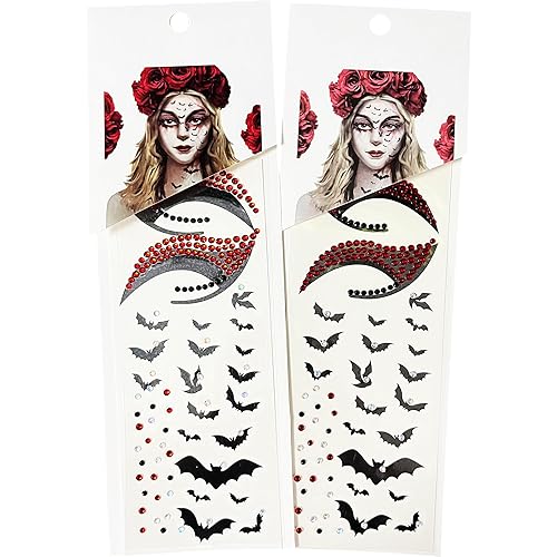 Tatuajes faciales de murciélagos falsos temporales y diamantes de imitación, gemas de ojos, cristales y perlas para pegar en joyas, tatuajes,