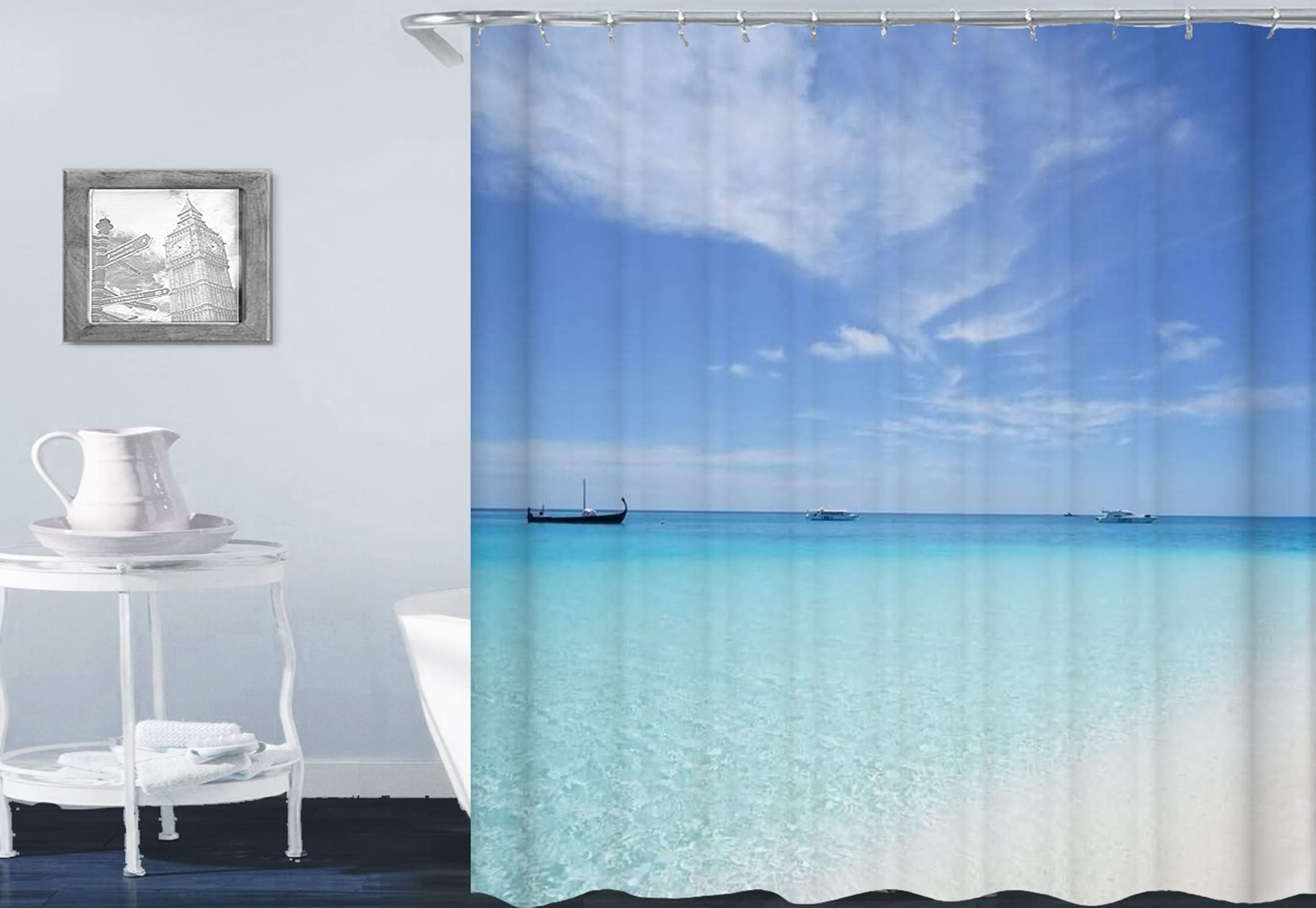 Rideau de douche polyester imperméable 180x200 grand format bleu avec crochets de fixation