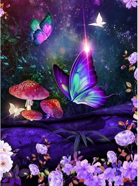 MXJSUA 5D Butterfly Diamond Painting Kits Full Round Drill Diamond Arts Kits for Adults, Full Drill Diamond Painting Kits Gem Arts Painting Kits Picture Arts Craft Mushrooms and Butterflies 30x40 CM