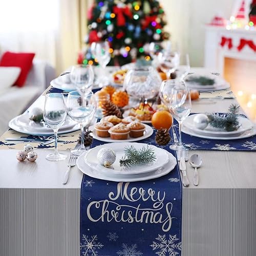 Miniatura 6 de Jectivs 7 piezas de camino de mesa azul y blanco con copo de nieve de Navidad feliz, reno, copo de nieve, árbol de Navidad, déjalo nevar, juego de