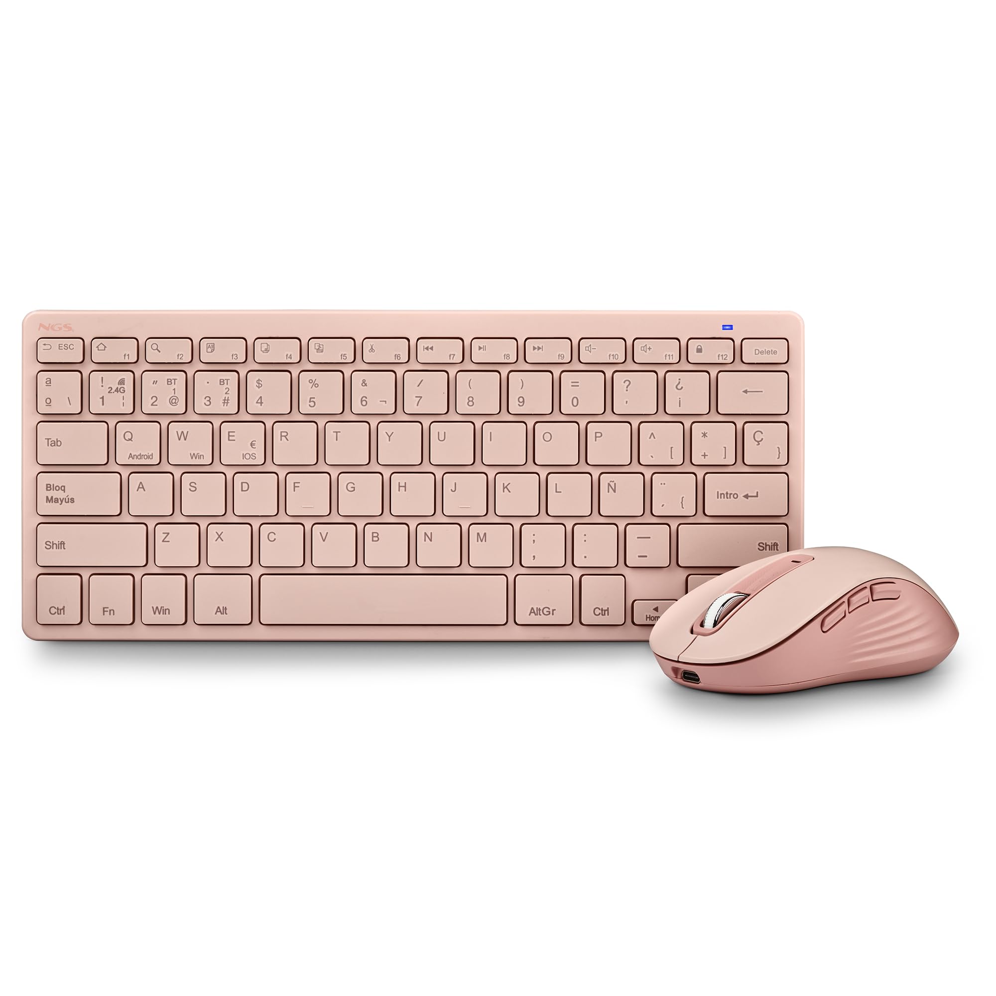 NGS Fantasy Kit Pink – Tastiera e mouse wireless spagnolo QWERTY, silenzioso ricaricabile, multimodalità 2.4 GHz e Bluetooth, 12 tasti multimediali, DPI regolabile, colore rosa