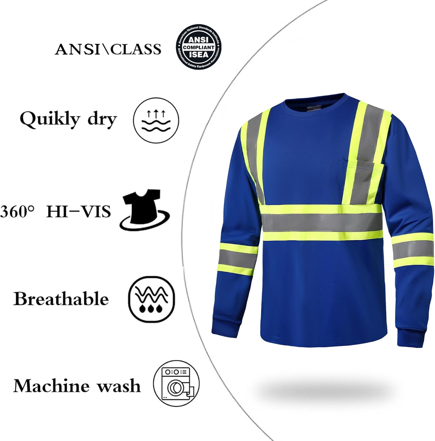 Hi Vis Safety Long Sleeve Shirts,High Visibility Class 3 T Shirts with Reflective Strips and Pocket, Quick Dry Mesh Construction Work Shirt for Men/Women (Blue,XL) - Image 2