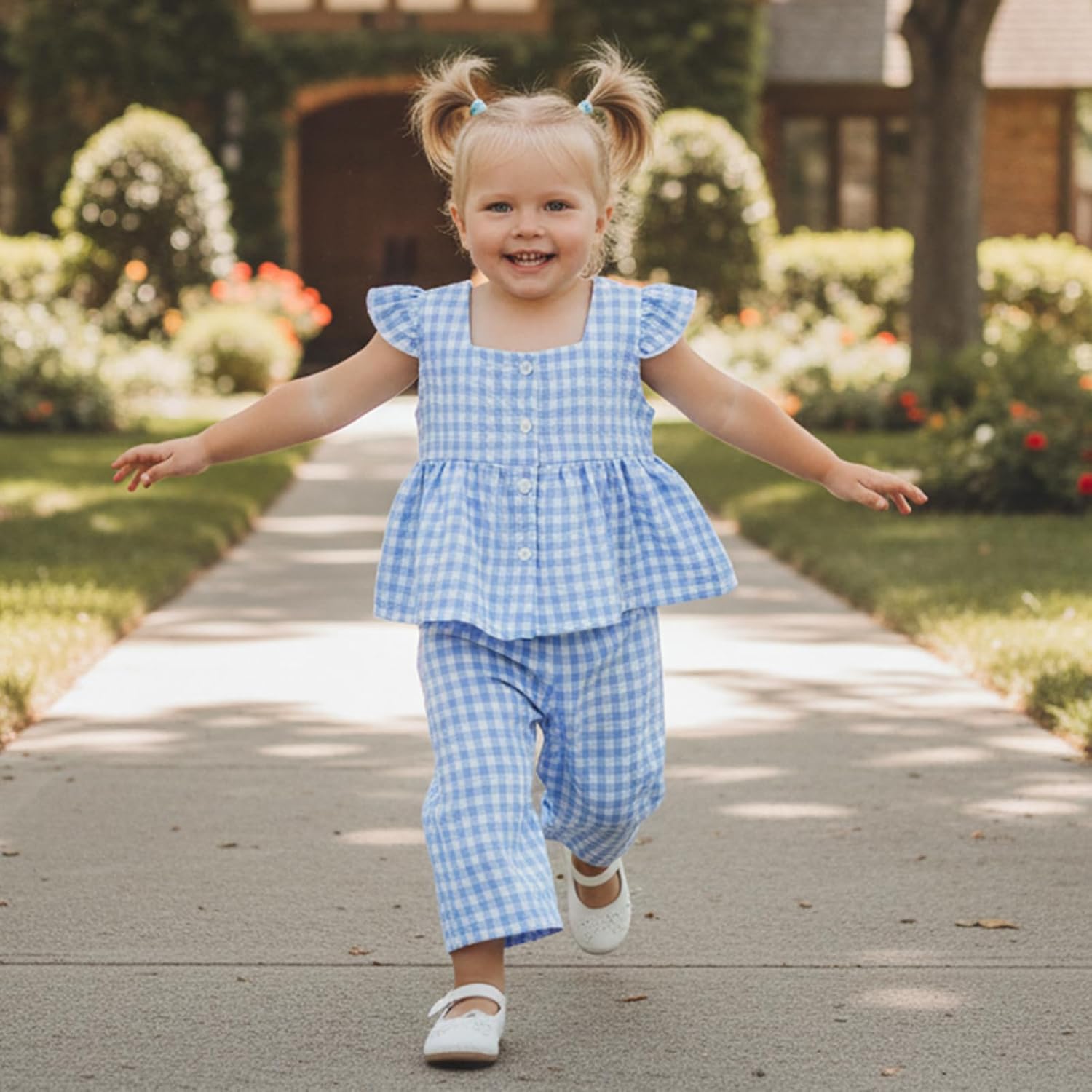 Thorn Tree Girls Summer Outfits Ruffle Sleeve Button Up Dress Tops Plaid Linen Pants Spring Toddler Girl Clothes - Image 2