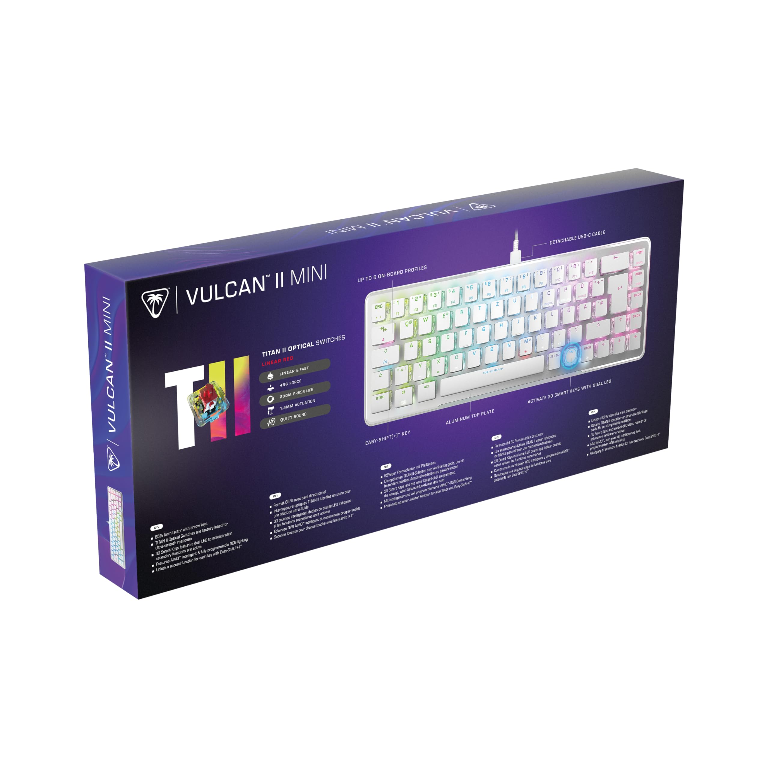 Turtle Beach Vulcan II Mini – 65% optyczno-mechaniczna klawiatura gamingowa z regulowanym oświetleniem RGB, technologia duplikatora klawiszy, płyta aluminiowa, biała