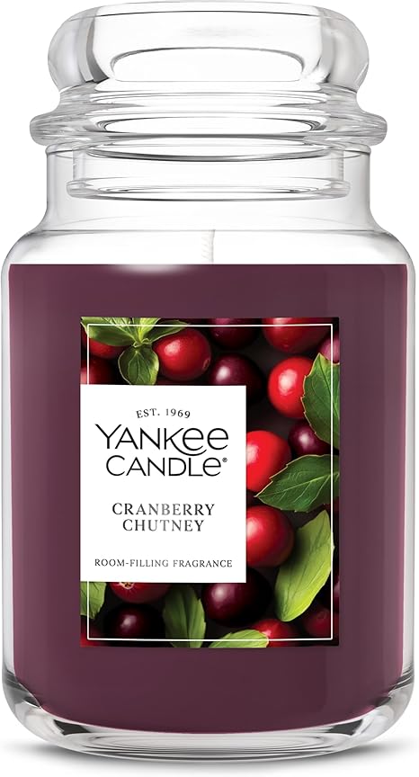 Yankee Candle Large Jar Scented Candle with up to 150 Hour Burn Time, Premium Plant Wax Blend for Consistent Burn, 22 oz Jar Candle with Room Filling Fragrance, Cranberry Chutney