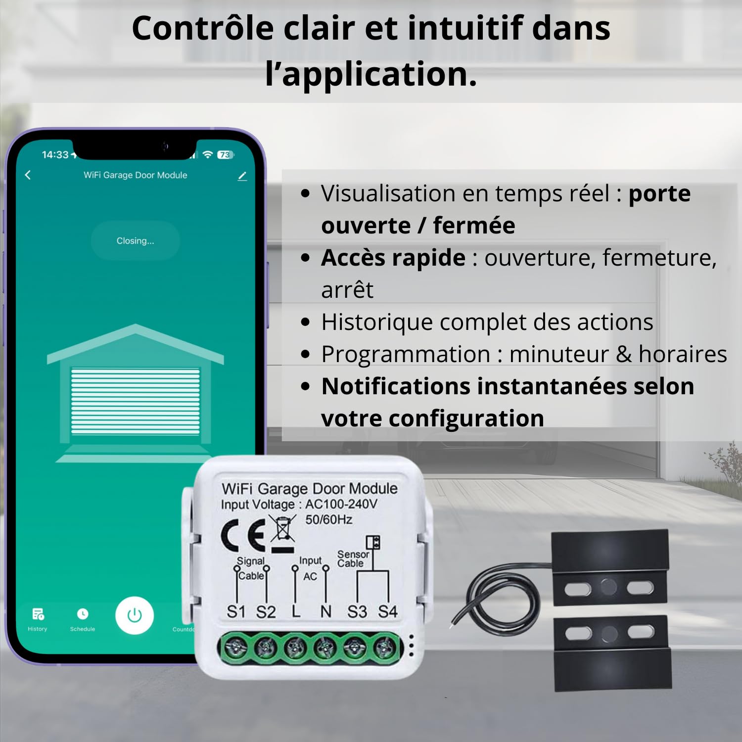 Sone Smart One Ouvre Porte de Garage Connecté WiFi 2.4GHz – Module WiFi Portail Électrique avec Capteur d’Ouverture 480cm – Tuya Smart Life, Alexa, Google Home, Home Assistant – 230V
