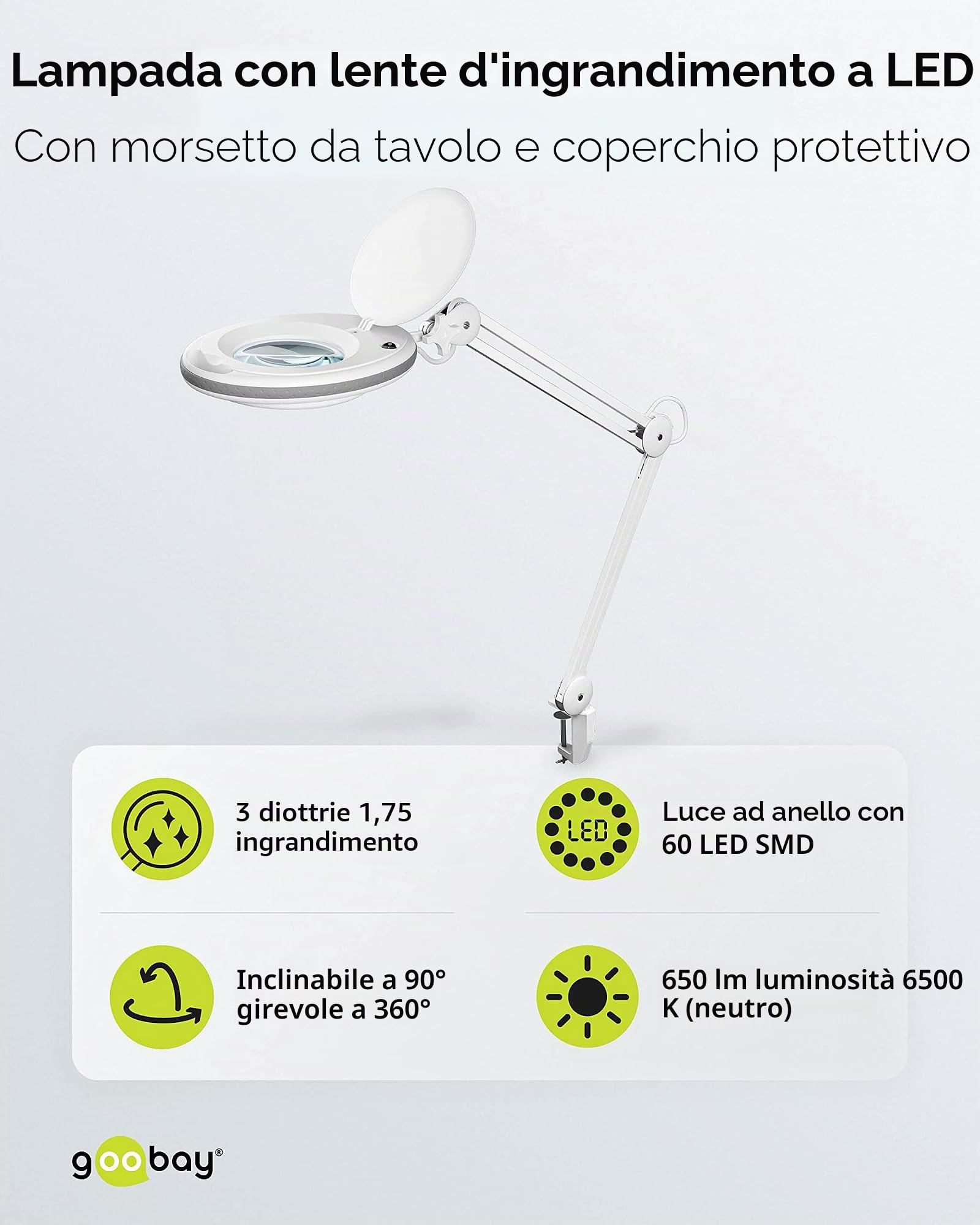 goobay 60361 Lampada con Lente d'Ingrandimento a LED, in plastica, 8 W, Potenza assorbita, Temperatura Colore 6500 K, Flusso Luminoso 650 lm, Tensione di Funzionamento 230 V (AC), Bianco, Weiß