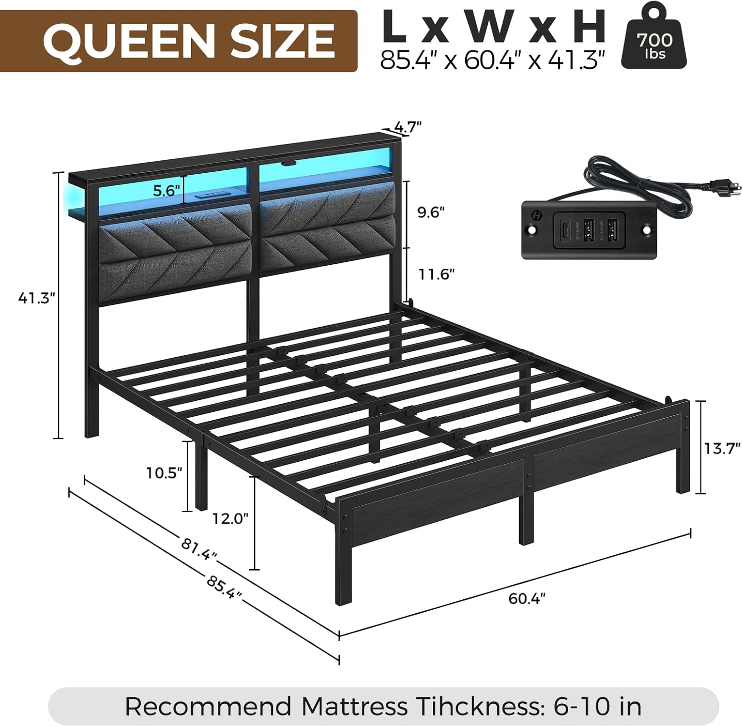 Seventable Queen Bed Frame with Charging Station & LED Lights, Upholstered Headboard with 2-Tier Storage Shelves, Metal Platform with Under Bed Storage, No Box Spring Needed, Easy Assembly, Dark Grey
