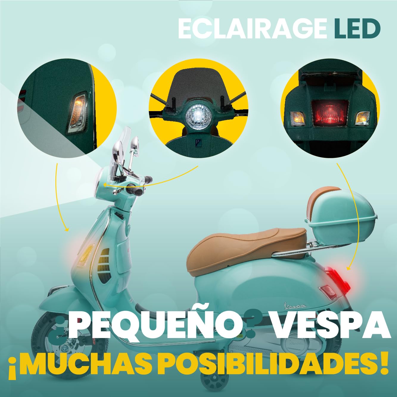 Vespa Scooter Moto électrique pour Enfants avec Roues et siège en Plastique, Coffre, Lecteur MP3, Prise AUX MicroSD USD (Turquoise)