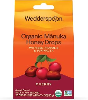 Organic Manuka Honey Drops, Cherry, Bee Propolis & Echinacea, 20 Count, USDA Organic, Genuine New Zealand Honey, Natural Remedy for Dry Throat
