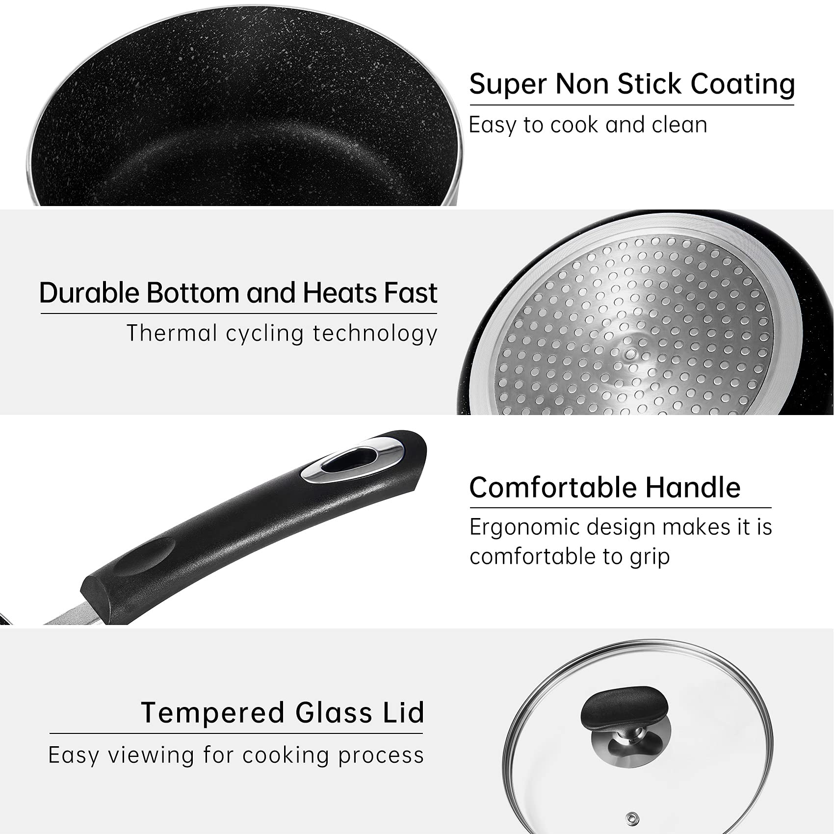 HooJay Nonstick Saucepan Set with Lid, Non Stick 1.5QT & 2.5QT Sauce Pan Set with Glass Lid Small Pot for Home Kitchen,Black