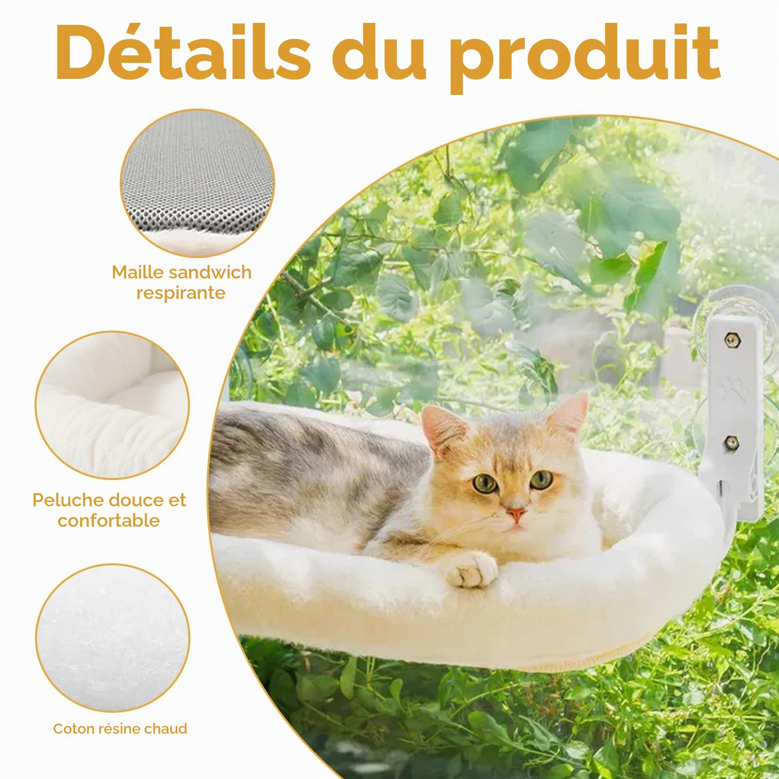 Hamac pour chat : hamac stable pour chat avec housse épaisse amovible, lit pliable pour chat avec ventouses stables jusqu'à 18 kg, blanc