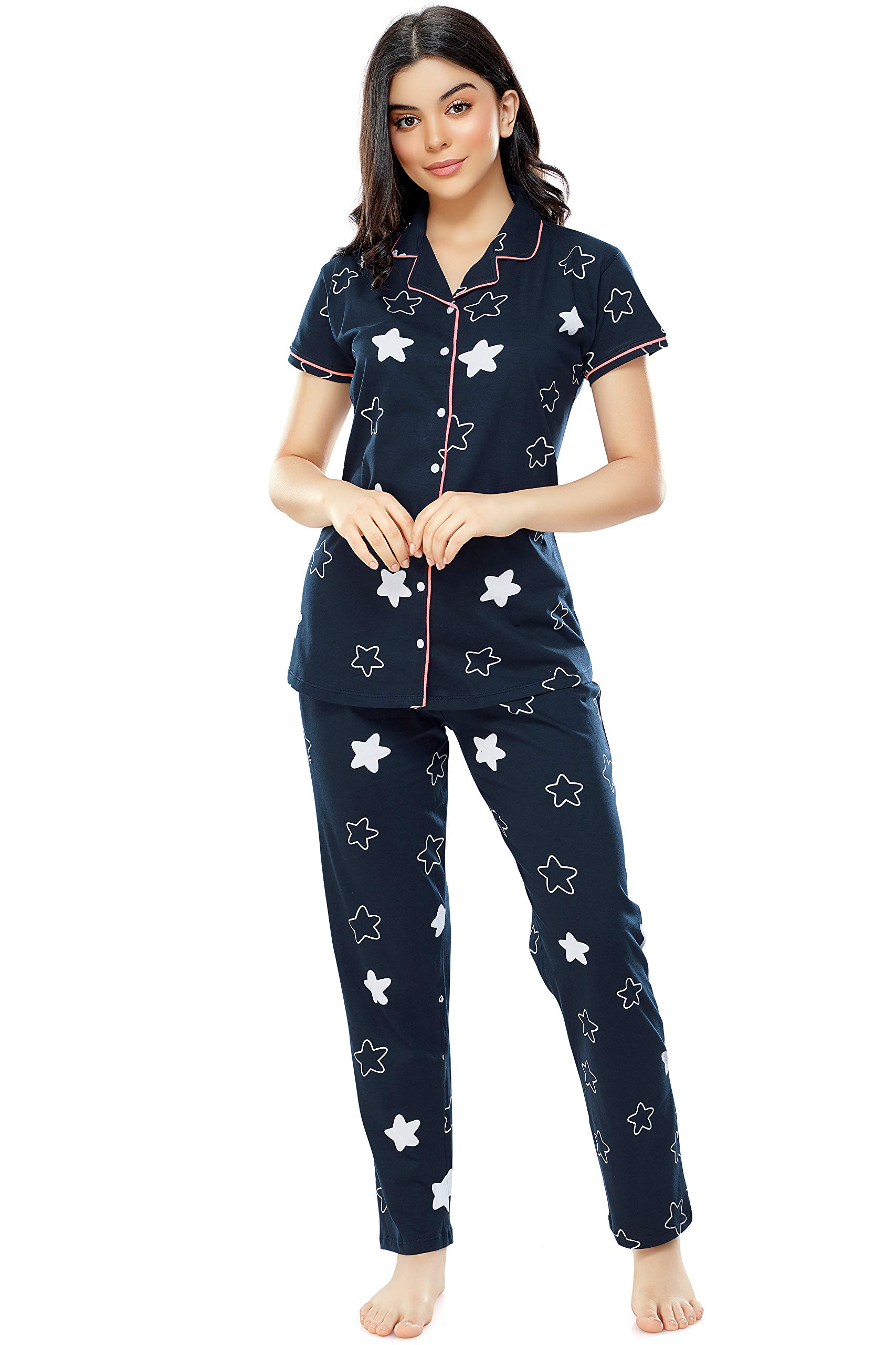 zeyo Women's Cotton Star Printed Night Suit Set Of Shirt & Pajama Set 5245-picture-15