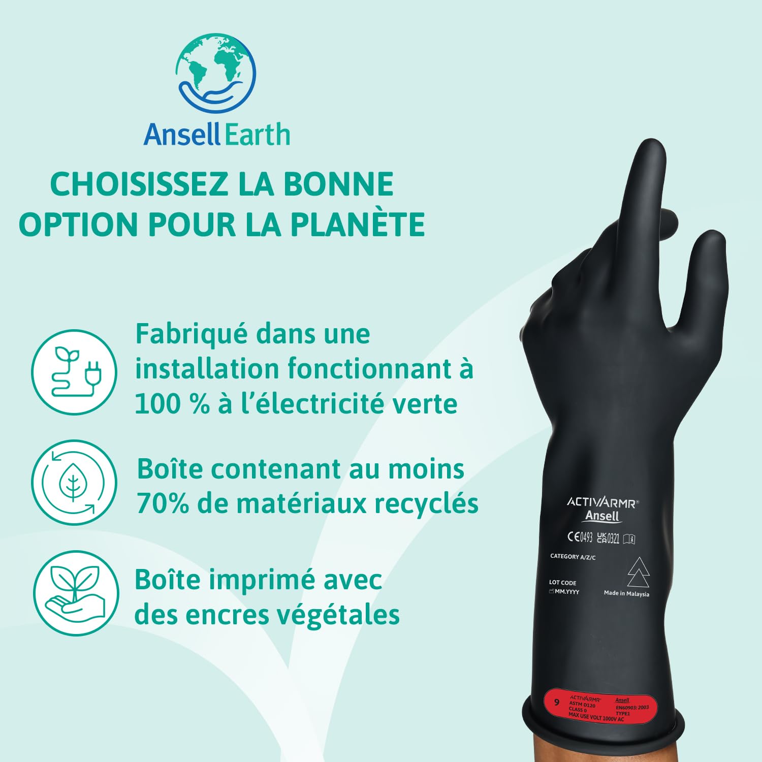 Ansell ActivArmr Gants Electricien, Protection Électrique Classe 0 (Tension 1000V), Gants Isolants en Latex de Caoutchouc Naturel, EPI Professionel, 36cm, Noir, Taille M (1 Paire)