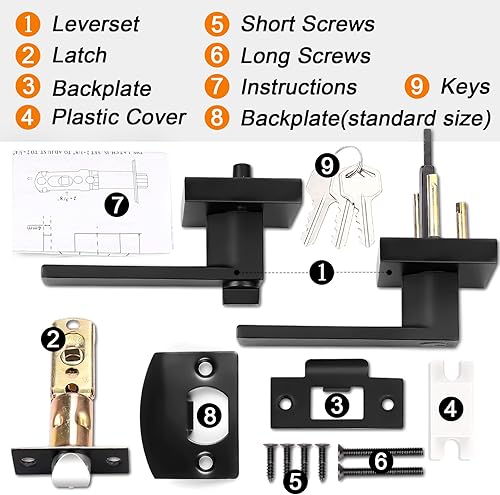 Miniatura 9 de Probrico - Paquete de 4 perillasmanijas para puerta de entrada negras con la misma llave, resistente, estilo contemporáneo, cerradura exterior con