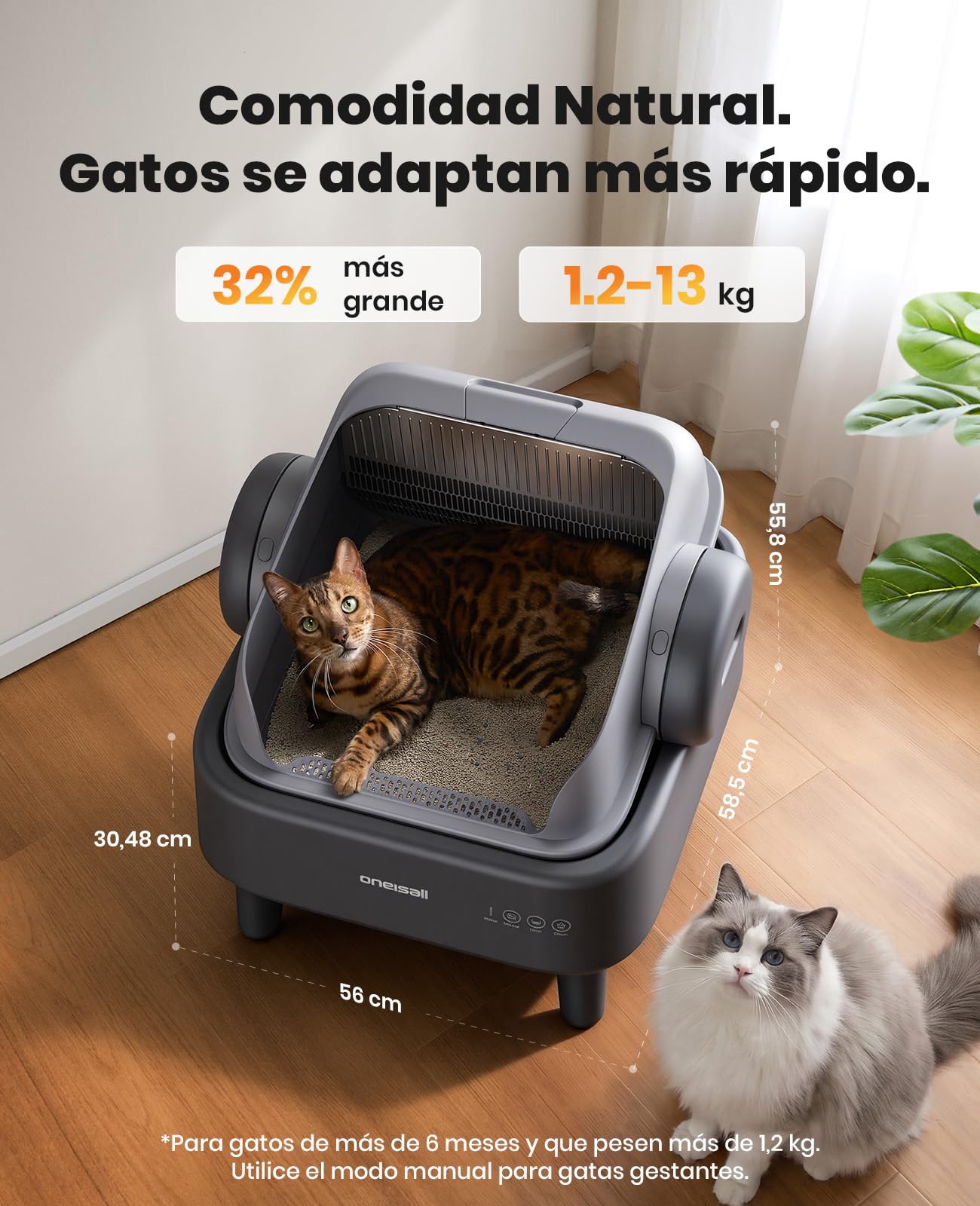 oneisall Arenero para gatos autolimpiante con sistema EaseClean™, arena autolimpiante para gatos XXL para gatos grandes, rejilla de acero inoxidable, modo automático y manual, incluye alfombrilla y 40