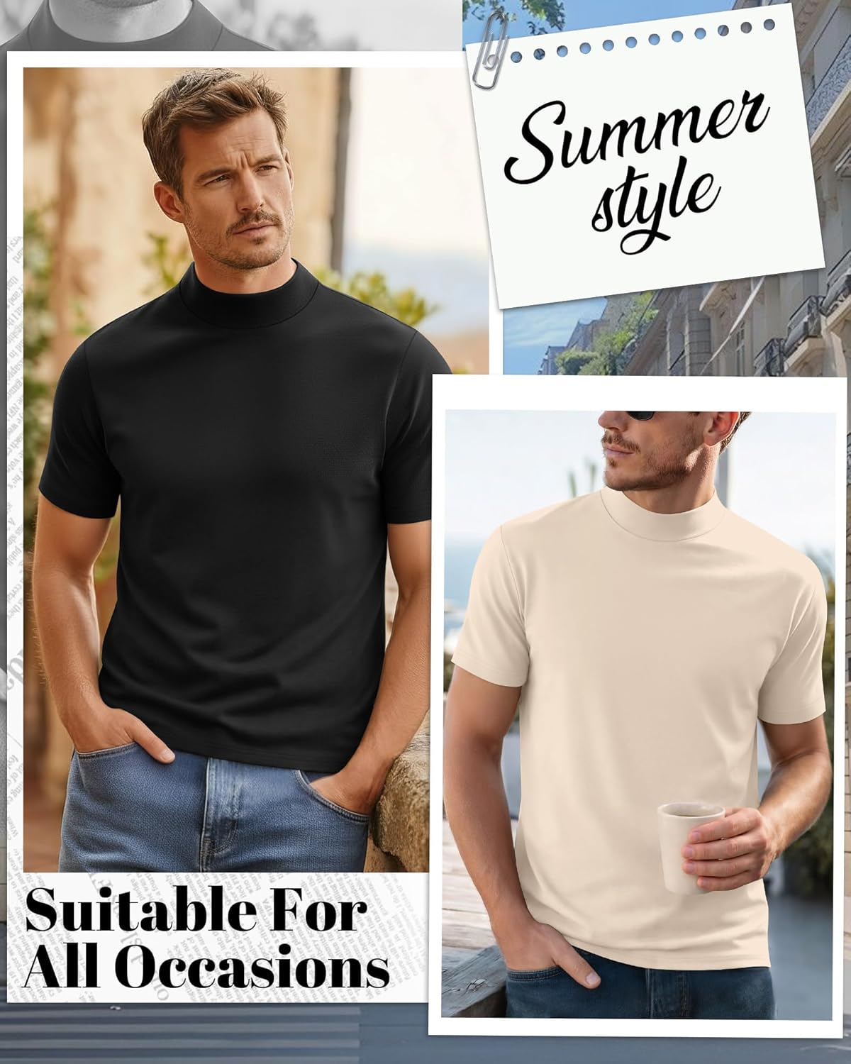 August Alley 3 Pack Mens Mock Neck T Shirts Short Sleeve Mock Neck Undershirt Pullover Tops Summer Slim Fit Casual Basic Tees